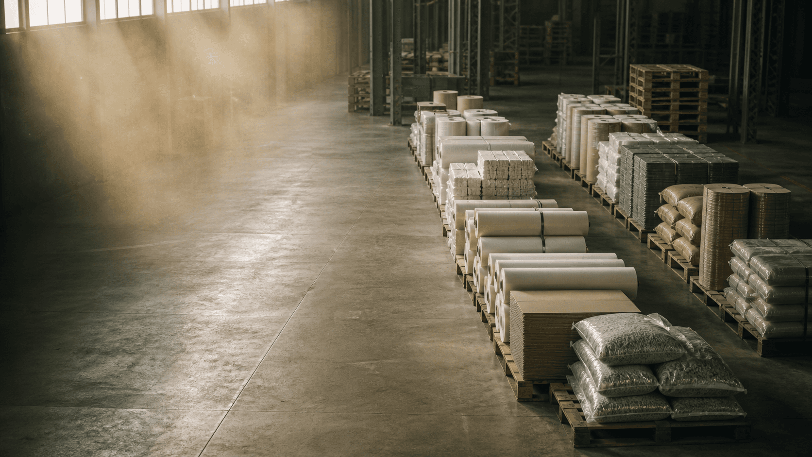 Elevated view of palletized industrial materials lined up in parallel rows on a warehouse floor — the six material categories Resycal operates in.