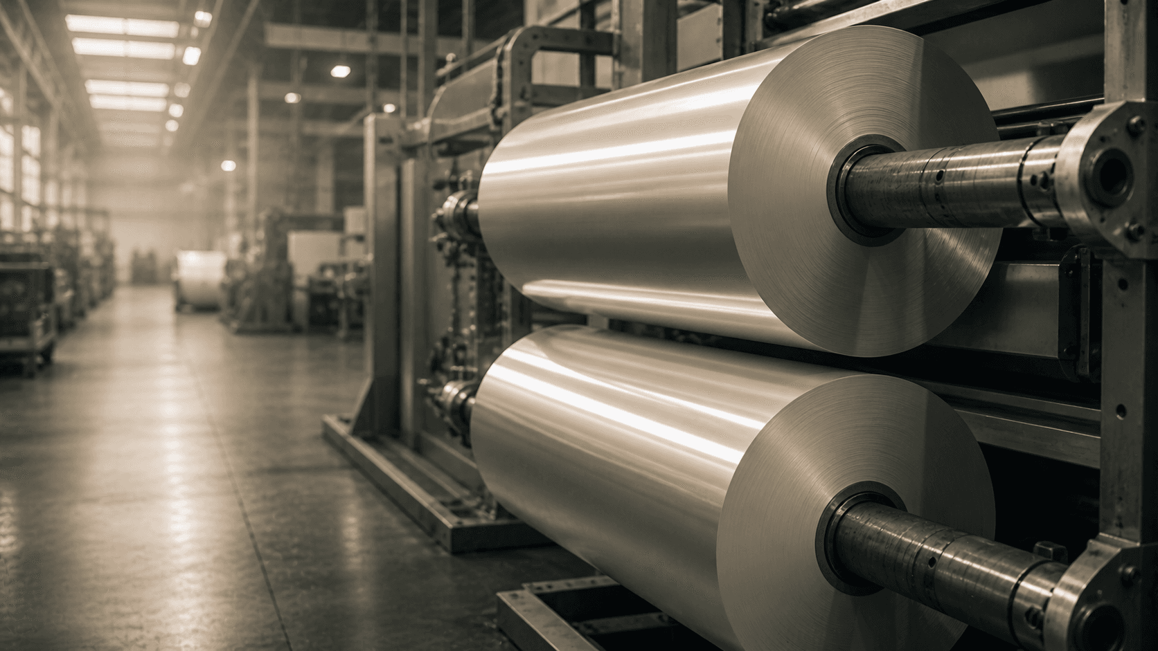 Large rolls of metallized BOPP packaging film on horizontal steel mandrels